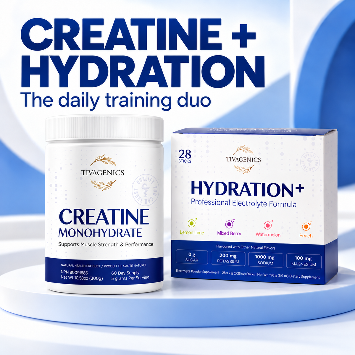 TIVAGENICS 300 g creatine monohydrate jar beside a 28-stick Hydration+ variety pack on a blue and white display.