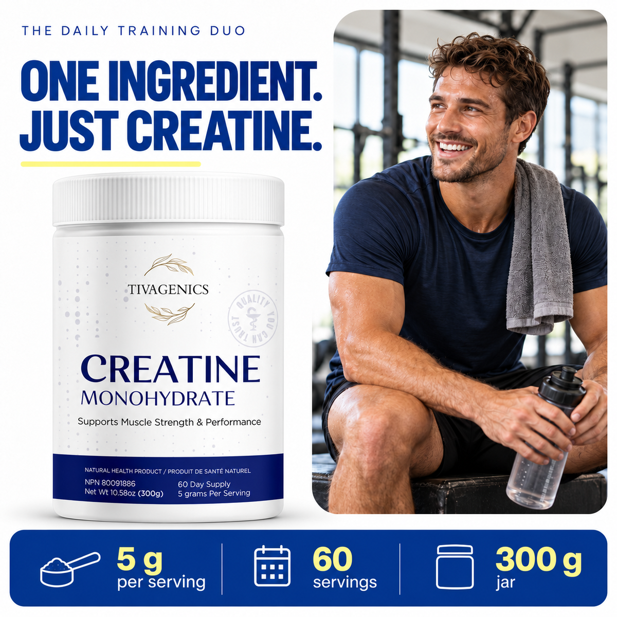 TIVAGENICS creatine monohydrate jar beside a man resting after training, with 5 g per serving, 60 servings and 300 g jar details.
