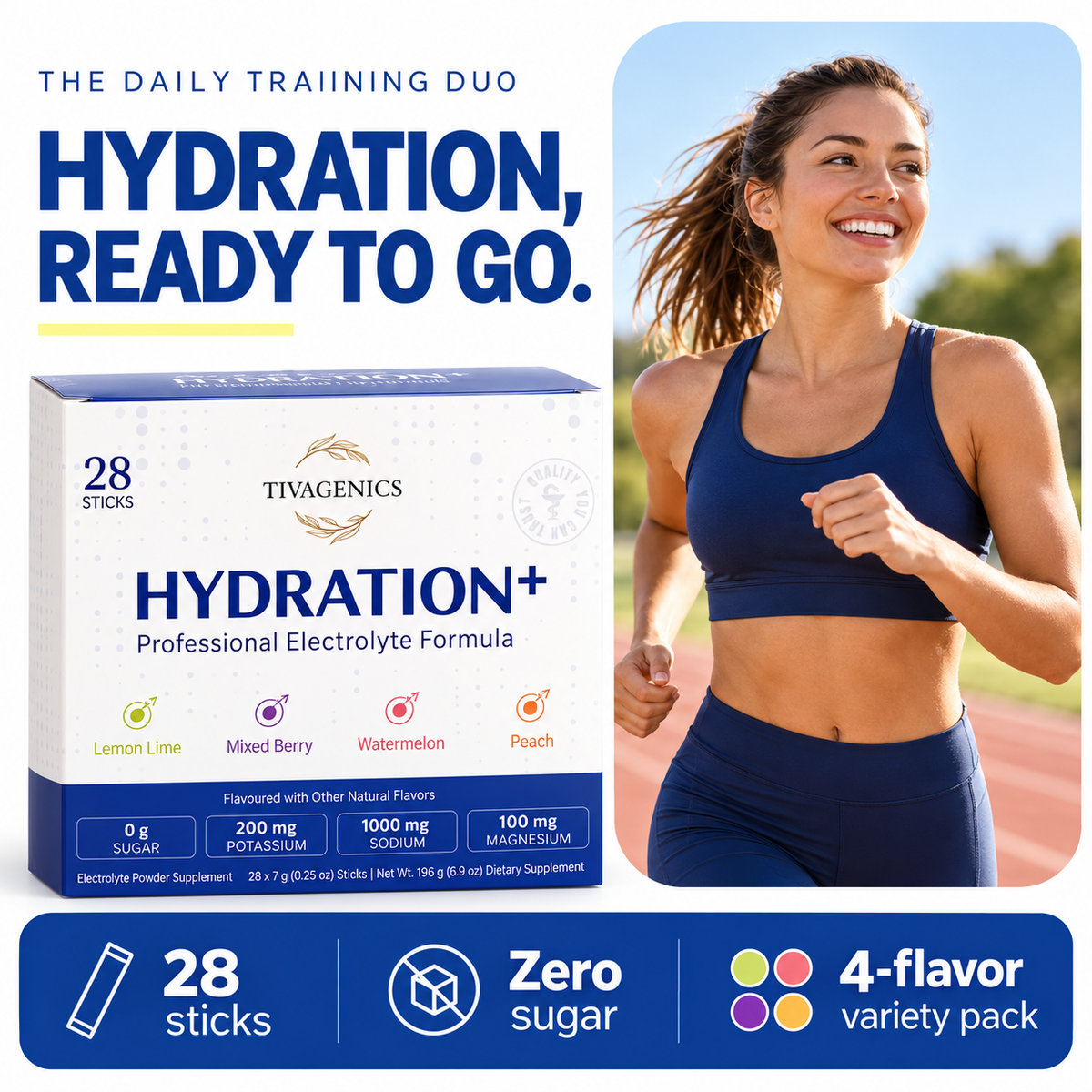 TIVAGENICS Hydration+ variety pack beside a woman running, with 28 sticks, zero sugar and four-flavor variety pack details.