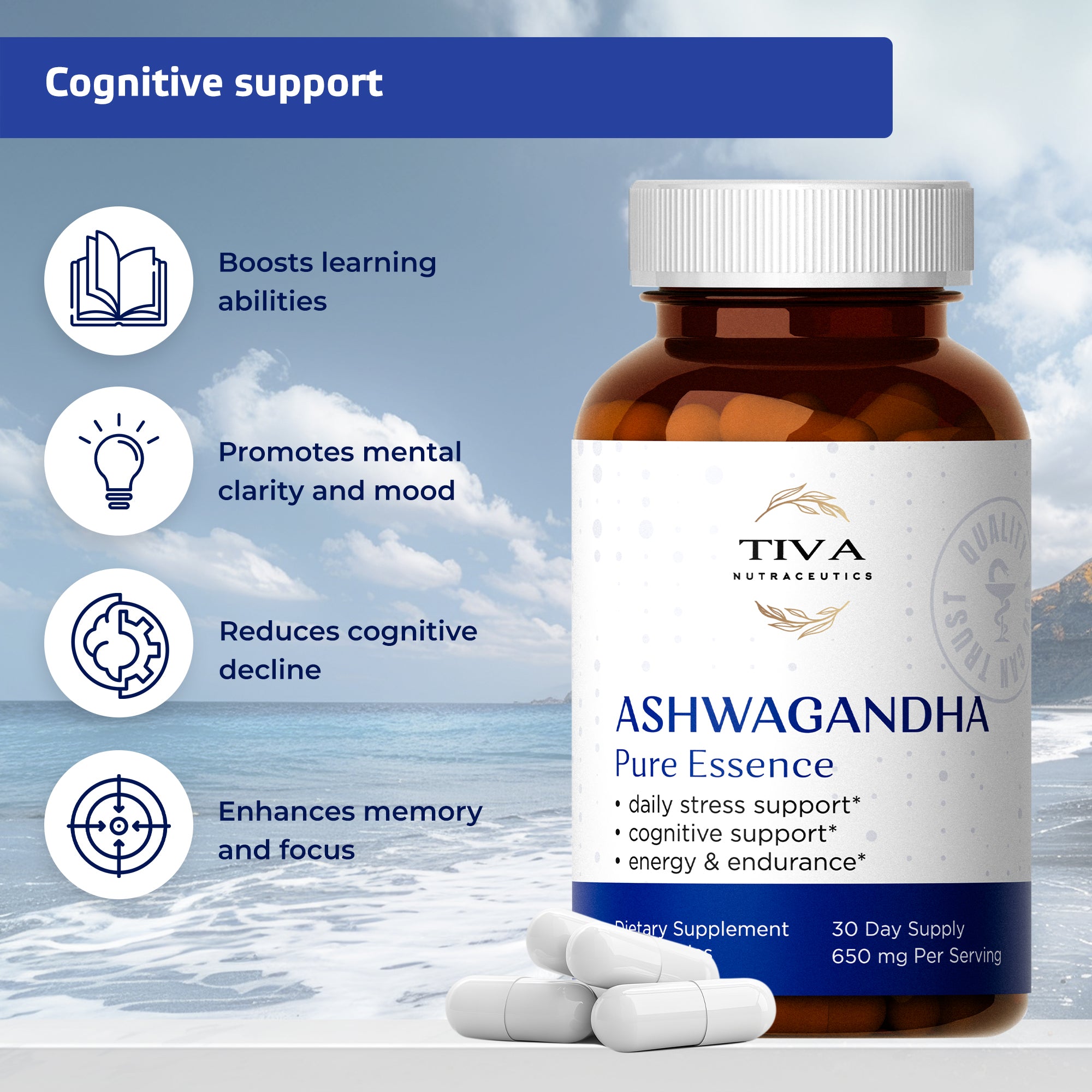 Ashwagandha capsules with a measuring spoon for dosage
