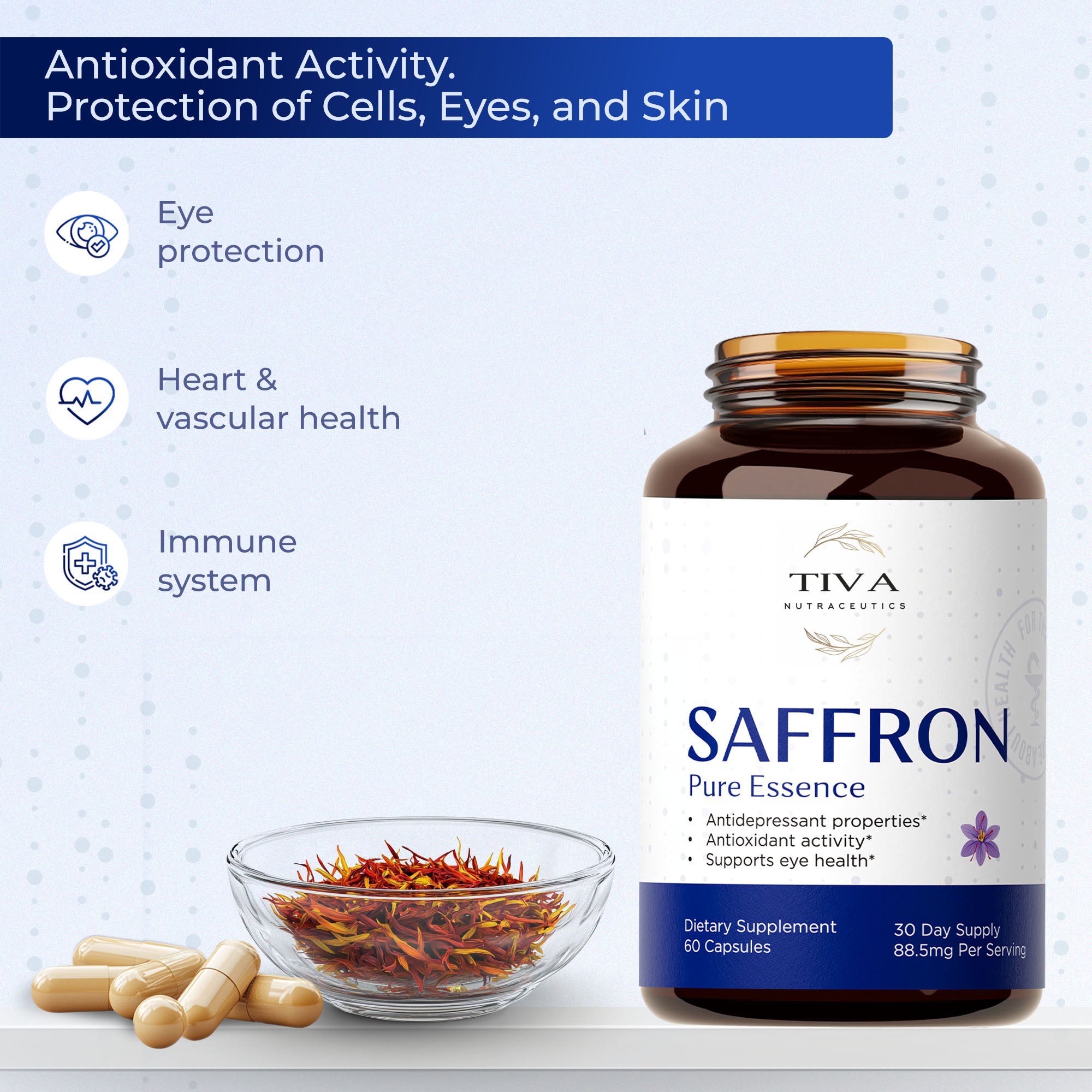 Saffron Capsules with a health supplement background