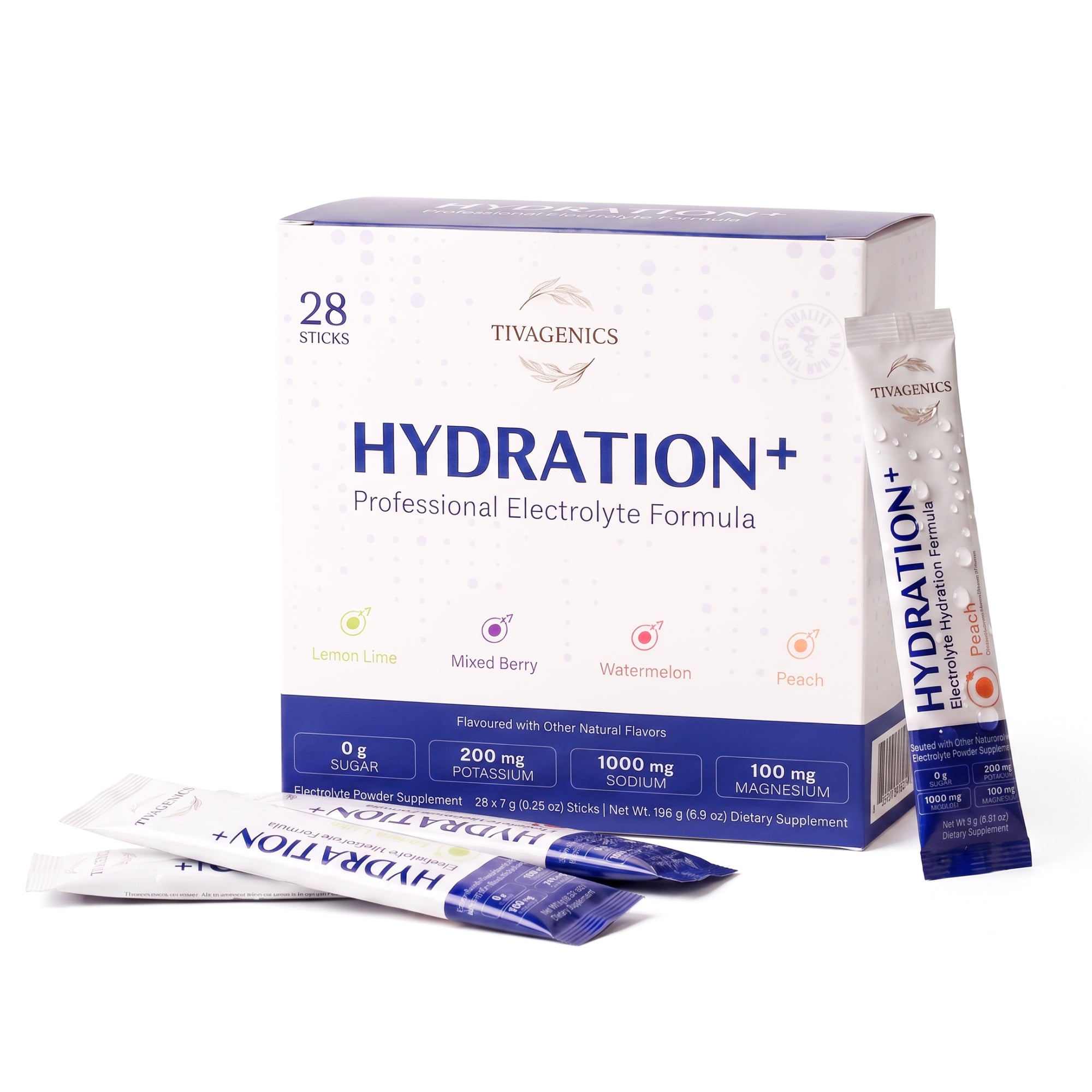 TIVAGENICS Hydration+ Electrolytes, Zero Sugar, 28 Stick Packs - Sodium Potassium Magnesium | Variety Pack, Sports Hydration, Vegan, Travel Friendly