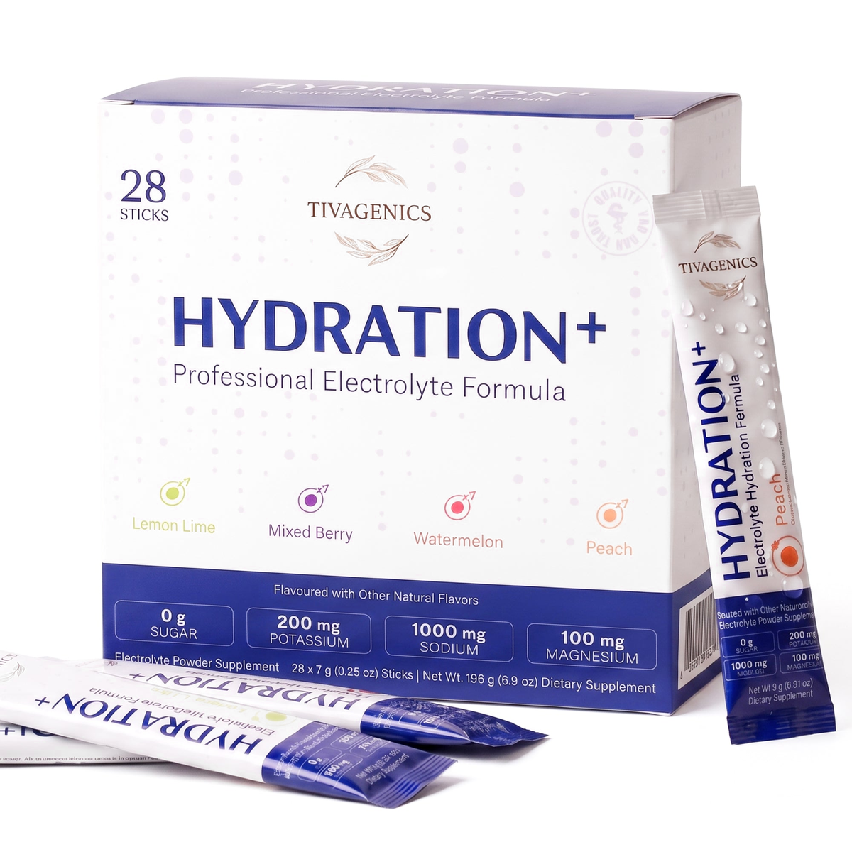 TIVAGENICS Hydration+ Electrolytes, Zero Sugar, 28 Stick Packs - Sodium Potassium Magnesium | Variety Pack, Sports Hydration, Vegan, Travel Friendly